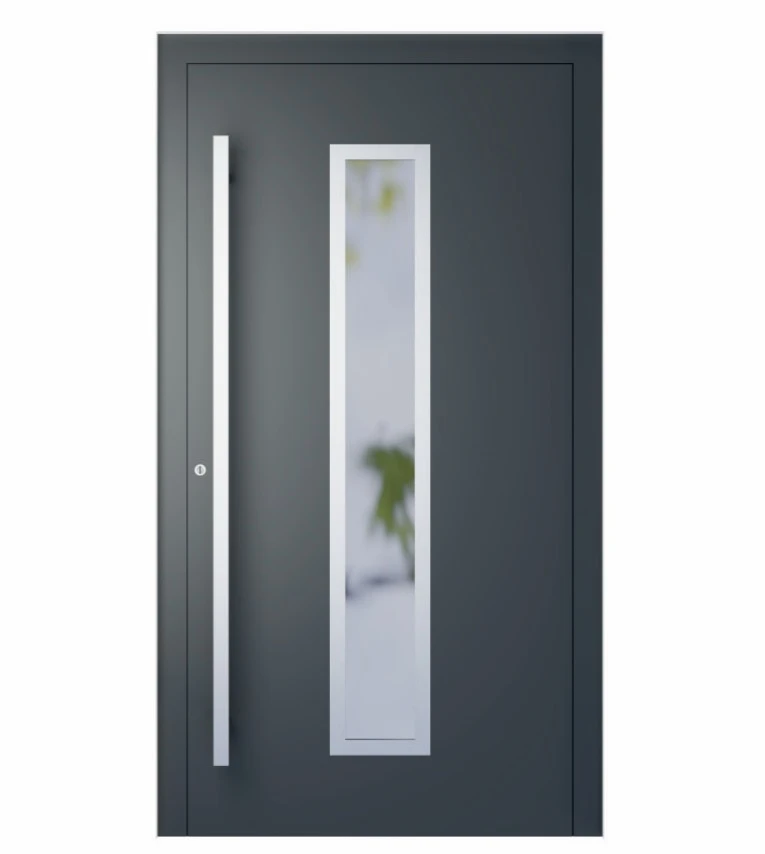 Tmavé vchodové dvere, stredové okno INOX orámovanie, nerezové madlo
